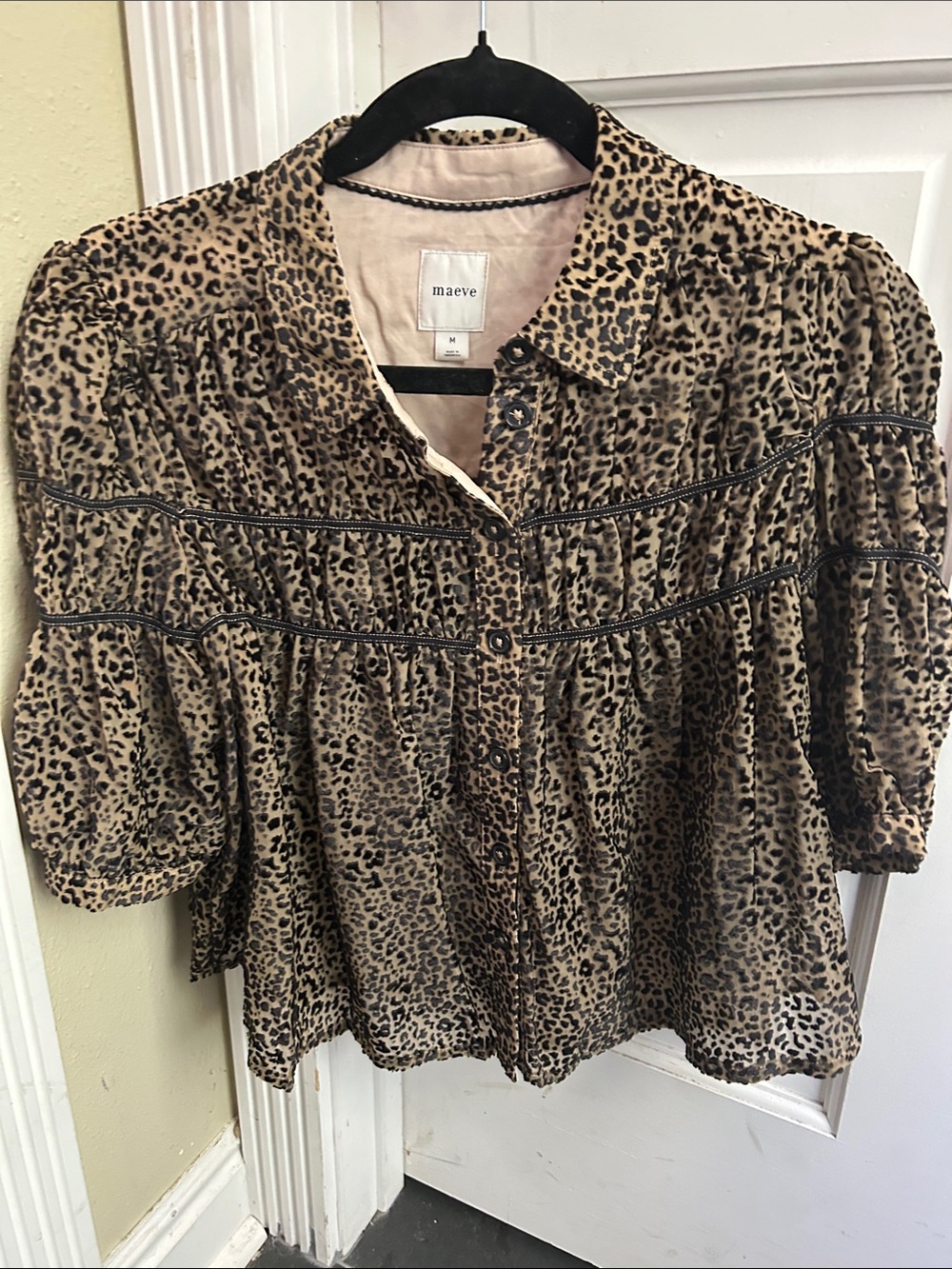 Maeve Leopard-Print Button Front Blouse in Tan and Black